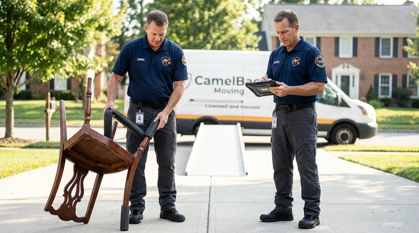 Movers inspecting furniture for damage prevention before loading in Winnemucca, NV